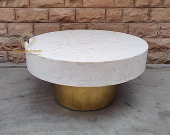 Bone Inlay Coffee Table: Wooden Stripped End Table, Art Decor