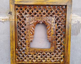 Marco de fotos Jharokha tallado a mano: decoración de pared de madera india vintage