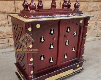 Wooden Temple Mandir Cherry + Gold Brass Finished Beautiful Hanging Bells Handcrafted Mandir Pooja Ghar Mandap For Worship Home Decor Art