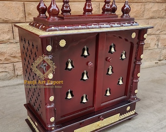 Wooden Temple Mandir Cherry + Gold Brass Finished Beautiful Hanging Bells Handcrafted Mandir Pooja Ghar Mandap For Worship Home Decor Art