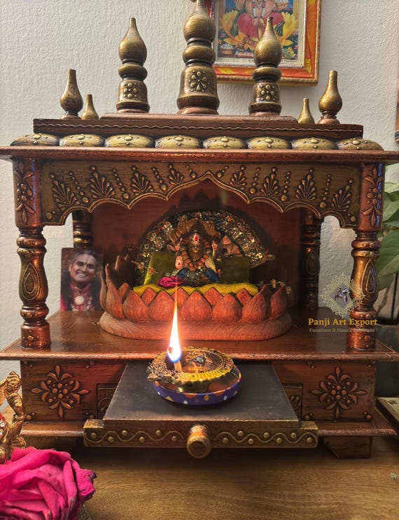 Wood Temple Handcrafted Wooden Mandir: Copper Gold Finish Wall-Hanging Pooja Ghar Mandap for Worship