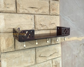 Temple Wall Shelf: Handcrafted Wooden Pooja Ghar with Brass Bells