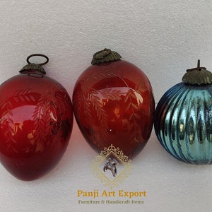 Kugel Glass Christmas Ornament Red & Blue Original Heavy Glass Christmas  Decorative Hanging Home Decor Wall Art Lot of 3