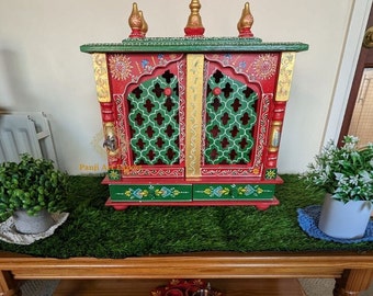 Handcrafted Wooden Temple: Red & Green Wall Hanging Mandir