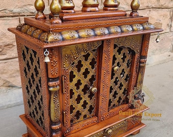Templo de madera artesanal: Templo Pooja Ghar Mandir de cobre y oro
