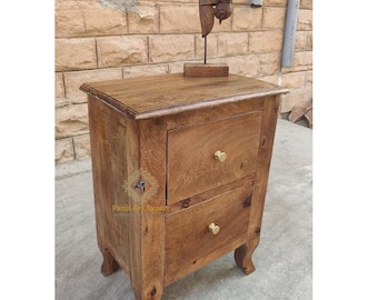 Hölzerner Nachttisch, Schrank mit 2 Schubladen, Schlafzimmermöbel, Nachttisch, Sideboard, indischer Stil Dekor Art