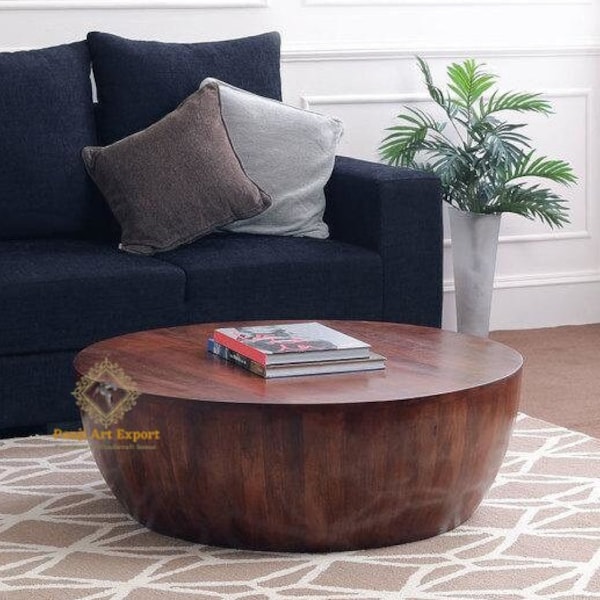 Wooden Round Coffee table Cocktail Coffee Drum Table Modern Bedroom Table, Dining Table, Beautiful Table Handcrafted Home Decor Indian Art