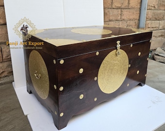Handcrafted Wooden Storage Trunk – Vintage Indian Blanket Chest with Brass Inlay Christmas gift