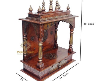 Wooden Temple Mandir Handcrafted Hindu Pooja Ghar Mandap With Worship Copper Gold Painted Home office and Wall Home Decor Handicraft Art