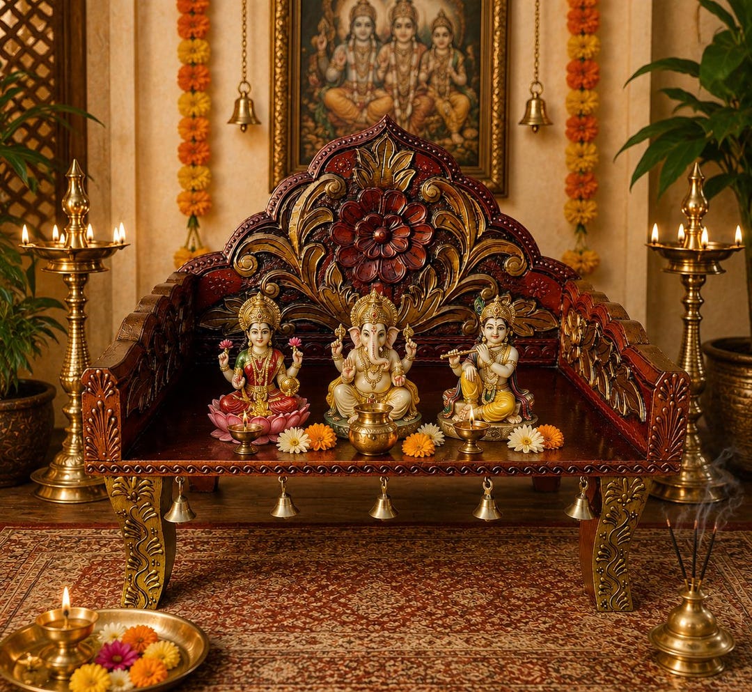唐獅子 陶板 置物 木製台座付き Wooden Temple Mandir Idol Singhasan Pooja Ghar Mandap for Home