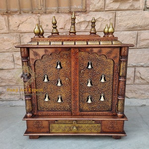 Wooden Temple Mandir Copper Gold Combo Embossed Work Handcrafted Window Pooja Ghar Mandap With Beautiful Worship Home Office Wall Decor Art