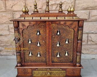 Handcrafted Wooden Temple Mandir: Copper & Gold Embossed Pooja Ghar