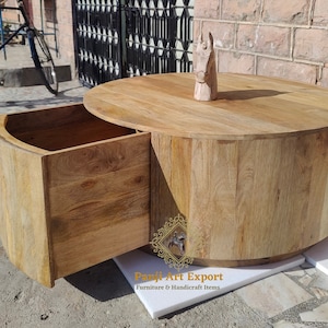 Wooden Round Storage Box Coffee Table, Wooden Coffee Table, Wooden Cocktail Table, Unique Table, Hand made Beautifully Home Decor Table Art