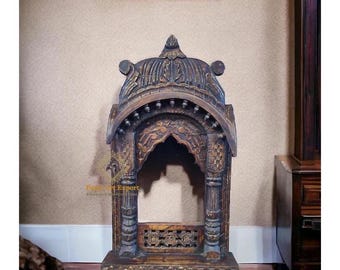 Marco de Jharokha de madera tallada a mano: decoración de pared antigua y desgastada