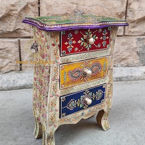 Wooden Bedside Table, Storage Table, Wooden 3 Drawer Furniture, Drawer Chest, Jewellery Box, Sideboard Handmade Hand Painted Handcrafted Art
