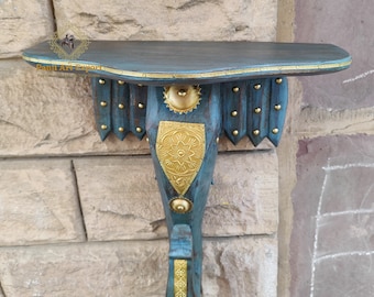 Handcrafted Wooden Elephant Shelf: Carved Brass Inlay, Home Decor Art