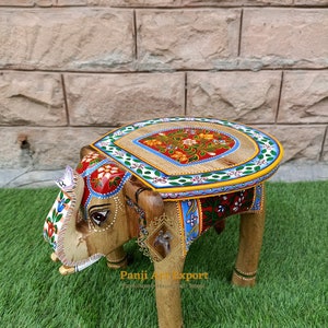 Wooden Elephant Stool Elephant Table Indian Handicraft Hand Painted Home Decor Collectible Indian Art Decorative Art
