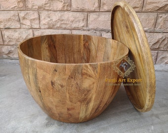 Handmade Mango Wood Coffee Table: Round Indian Storage Table (24x24x16)