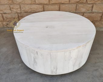 Handmade Round Wooden Coffee Table: Whitewash Rustic Gamla Table