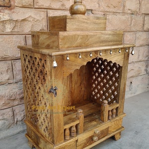 Wooden Temple New Mandir Handcrafted Beautiful Natural Finished Pooja Ghar Mandap For Worship Home Office Wall Decor Indian Pooja Room Art