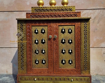 Handgefertigter Holzstempel Mandir: Kupfer-Gold-Finish, LED-Beleuchtung, hängende Glöckchen