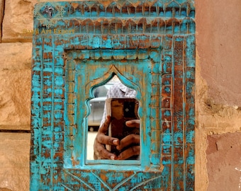 Handmade Carved Wood Picture Frame: Blue Rustic Wall Art