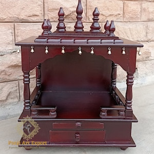 Wooden Temple Cherry Finished Mandir Beautiful Temple Brass Bells Hanging Handcrafted Mandir Pooja Ghar Mandap For Worship Home Decor Art
