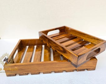 Handmade Wooden Serving Tray with Handles | Farmhouse Coffee Table Organizer