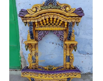 Large Hand-Painted Wooden Jharokha Window Frame: Carved Indian Wall Decor (38" x 24")