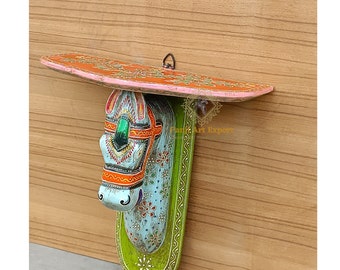Hand Carved Horse Wood Wall Shelf: Painted Home Decor Art