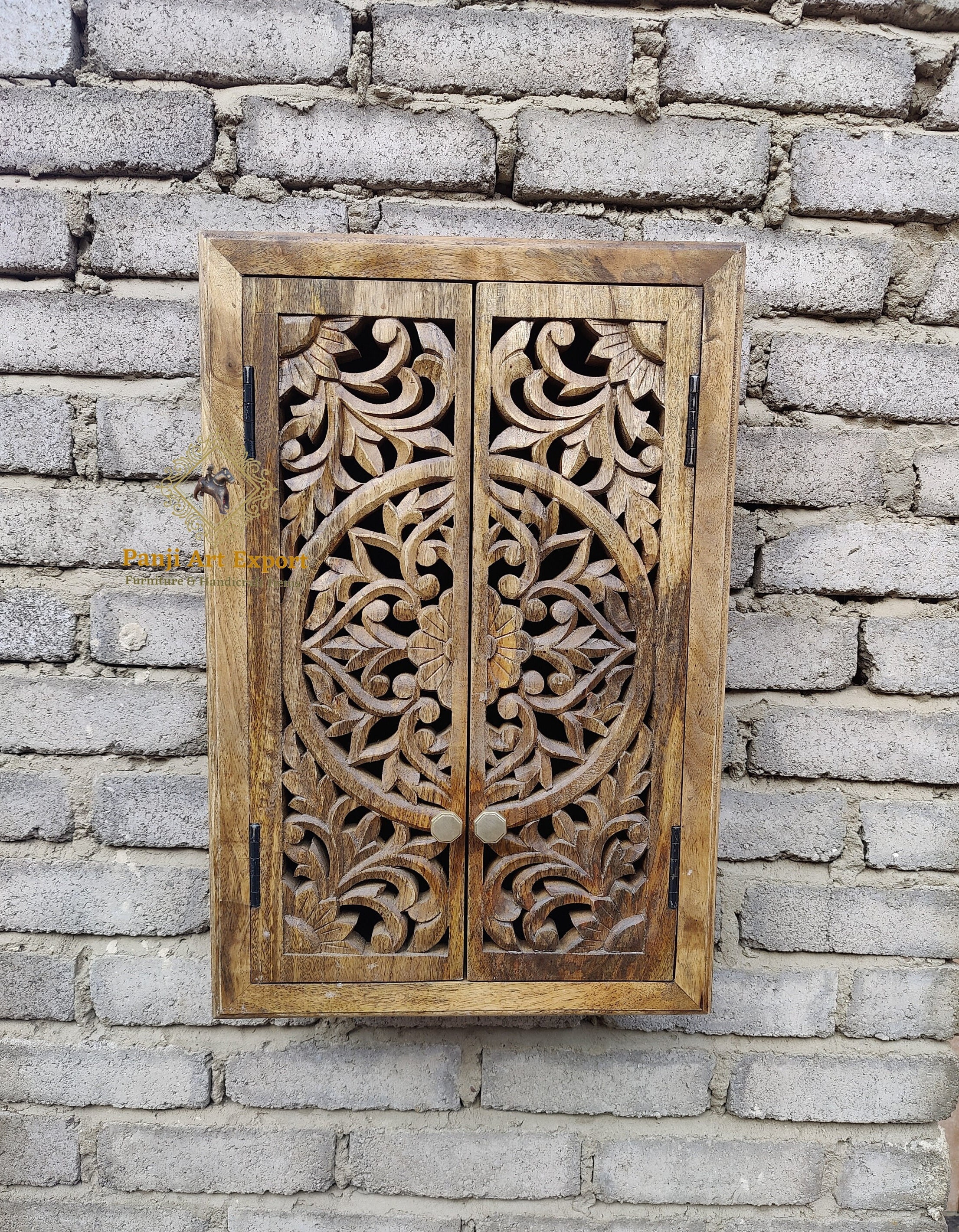 Handmade Carved Wood Wall Cabinet: Bathroom Storage, Royal Look