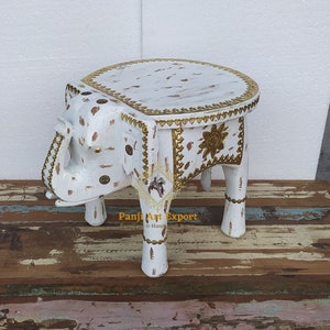 Hölzerner Elefant Hocker Elephant Tabelle Fußhocker indisches Handwerk handgemachte weiße Messing ausgestattet Wohnkultur Sammler indische Kunst