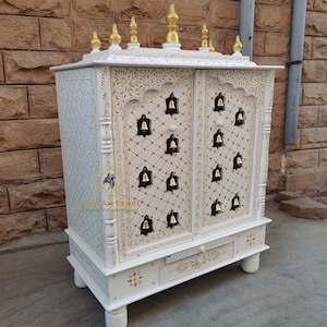 Wooden Temple Mandir White + Gold Finished Beautiful Hanging Bells Handcrafted Mandir Pooja Ghar Mandap For Worship Home Decor Art