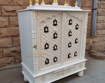 Wooden Temple Mandir White + Gold Finished Beautiful Hanging Bells Handcrafted Mandir Pooja Ghar Mandap For Worship Home Decor Art