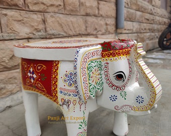 Wooden Elephant Stool White Gloss Elephant Table Handcrafted Indian Handicraft Hand Painted Home Decor Collectible Indian Art