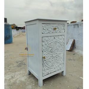 Hand-Carved Wooden Nightstand: Whitewash Floral Side Table