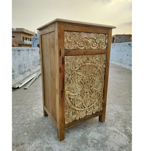 Wooden Bedside Table, Storage Table, End Table, SideTable Wood Drawer Furniture, Sideboard, Cabinet Hand Craft Carved Rustic Look Finish Art