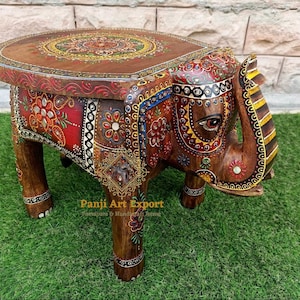 Hölzerne Elefant-Tisch-Elefant-Hocker- indisches Kunsthandwerk-handgemaltes Hauptdekor-Sammlerstück-indische Kunst