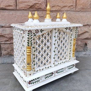 Handcrafted Wooden Temple Mandir: White Pooja Ghar with Drawers