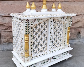 Handcrafted Wooden Temple Mandir: White Pooja Ghar with Drawers