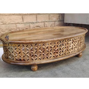 Wood Coffee Table Curved Table Oval Round Handmade Carved / Coffee Table Cocktail Table/  Tribal Carved Wood Coffee Table/ Home Decor Art