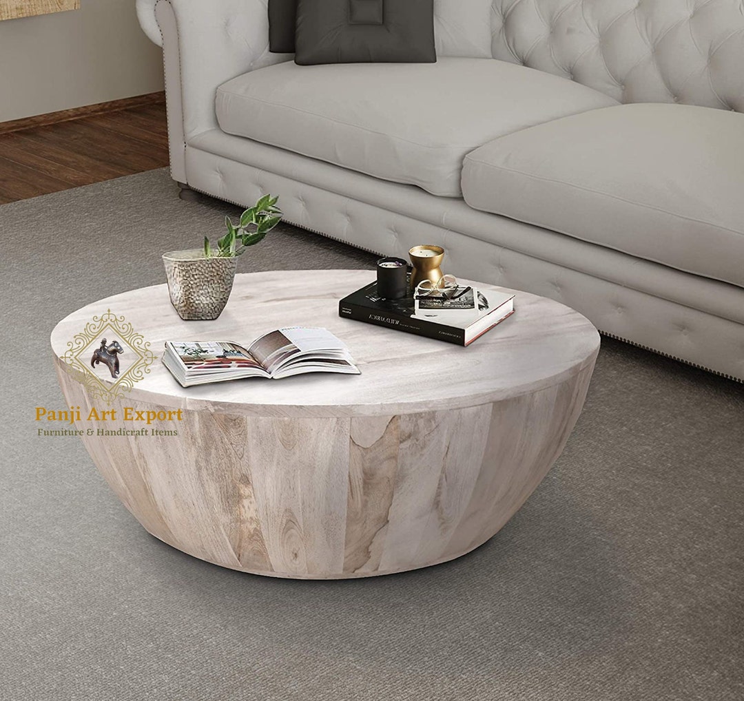 Wooden Coffee Table Cocktail Table Wood White Wash Color Round Etsy