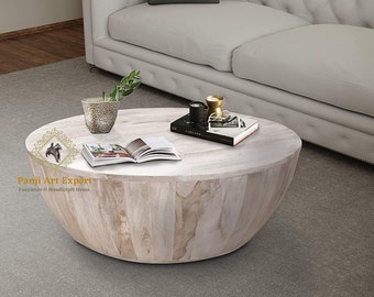 Wooden Coffee Table Cocktail Table Wood White Wash Color  Round Shape, Hand made Unique And Antique Beautifully Home Decor Table Indian Art