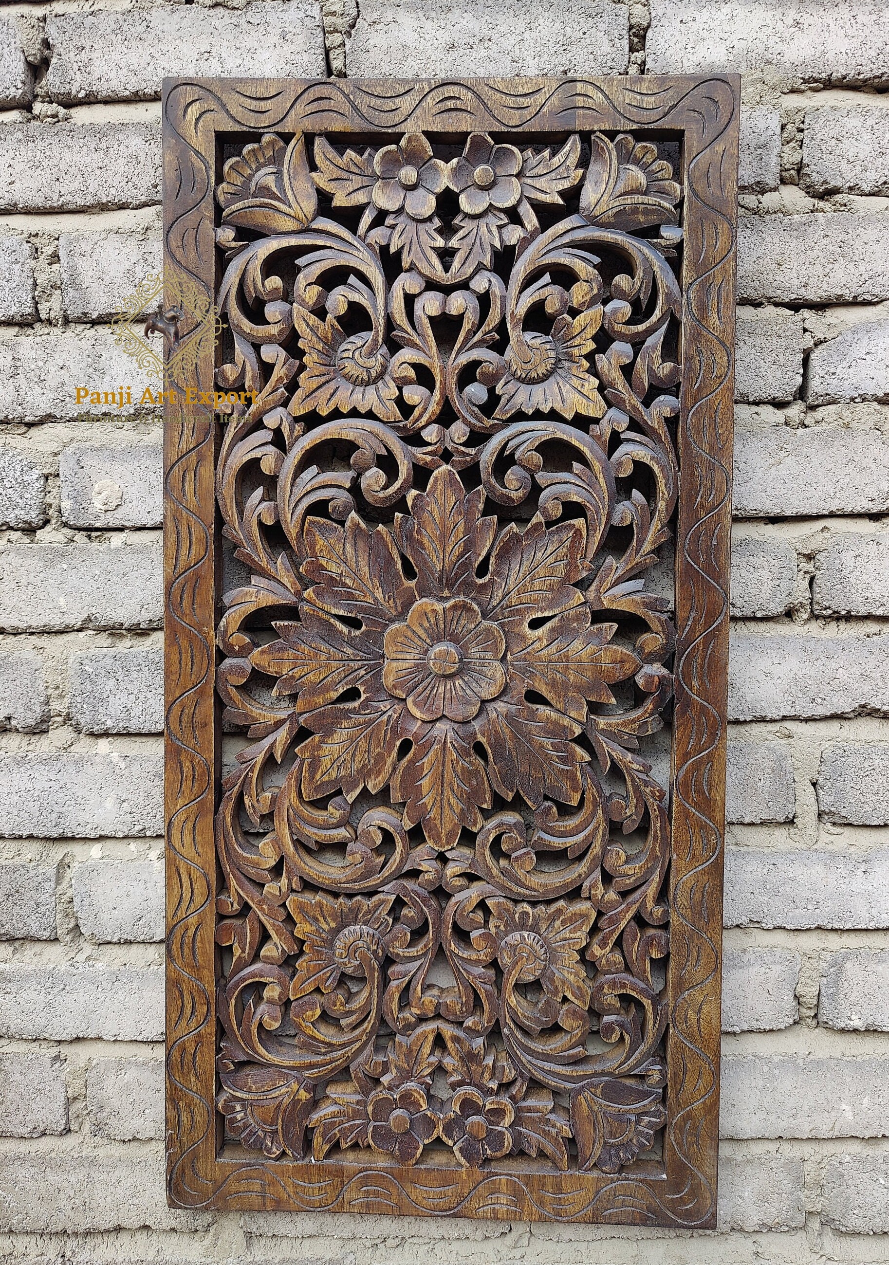 Large Carved Wood Wall Panel: Floral Handicraft Art - Etsy