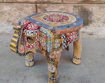 Wooden Elephant Table Elephant Stool Indian Handicraft Embossed Fine Wrok Finish Hand Painted Home Decor Collectible Indian Beautiful Art