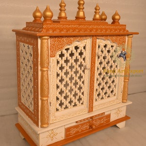 Wooden Pooja Room Temple, Orange White Gold Embossed, Handcrafted Wall Hanging, Mandir Pooja Ghar Mandap, For Worship Home Decor Art