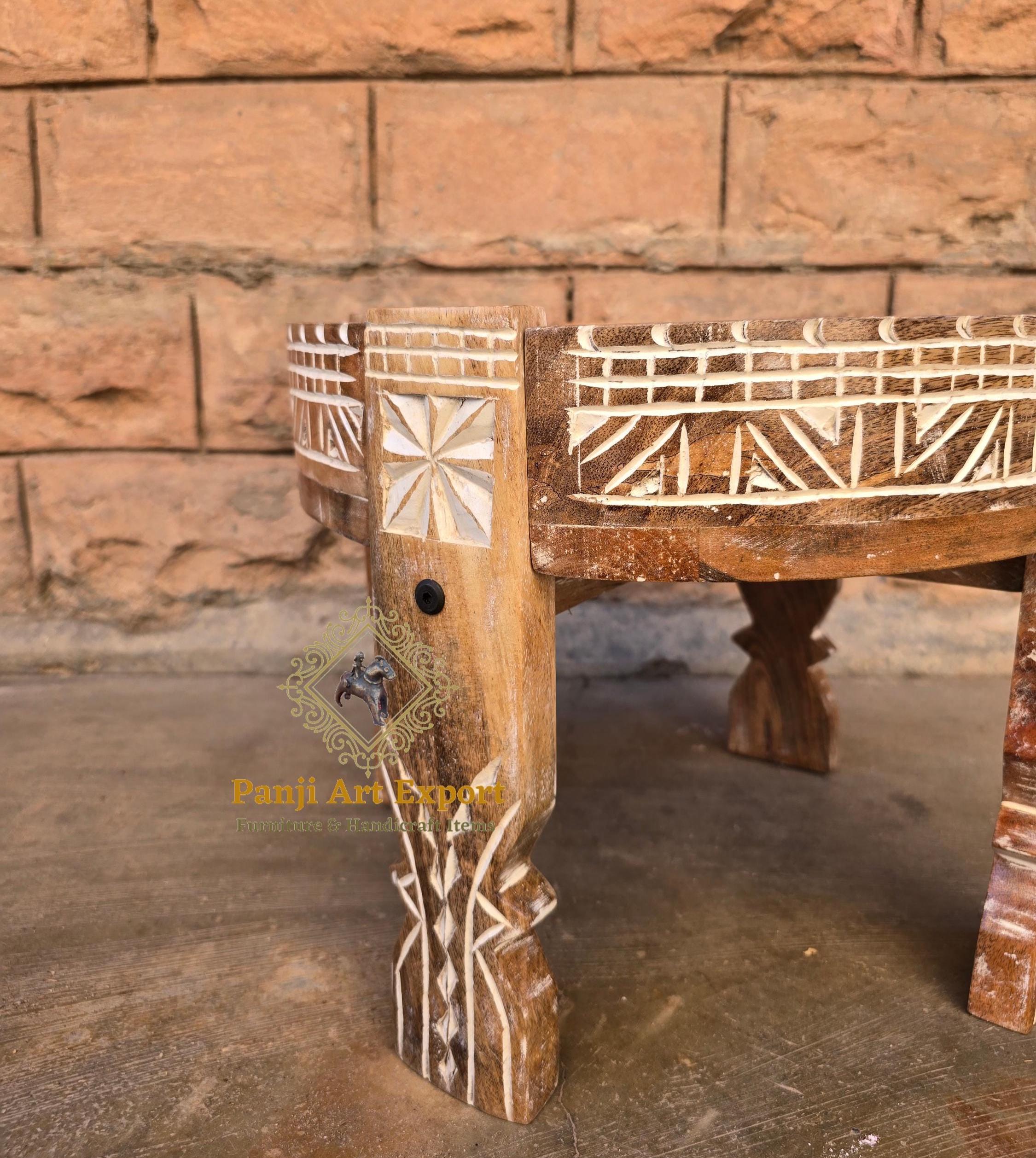 Handmade Carved Wooden Chakki Table: Distressed Natural White
