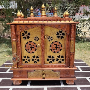 Handcrafted Wooden Temple Mandir: Copper Om Design Pooja Ghar