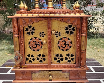 Handcrafted Wooden Temple Mandir: Copper Om Design Pooja Ghar
