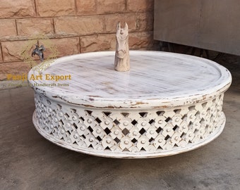 Wooden Coffee Table Whitewash Finished Curved Table in Raw Mango Lattice Round Coffee Table Home Decor Room Decor Beautiful Decor Indian Art